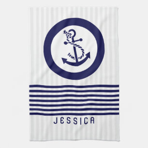 Blue Nautical Boat Anchor And Stripes Kitchen Towel