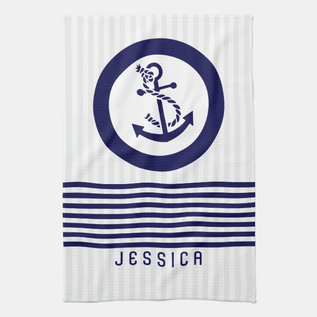 Blue Nautical Boat Anchor And Stripes Kitchen Towel (Vertical)