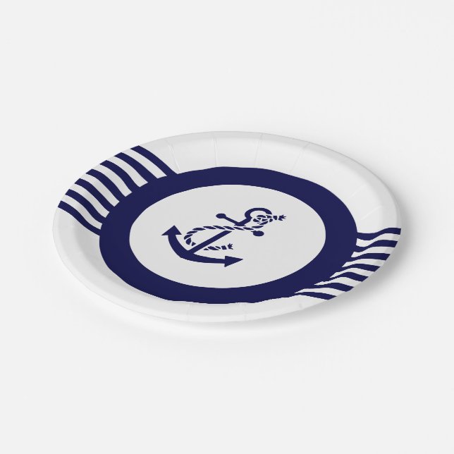 Blue Nautical Boat Anchor And Stripes Paper Plates (Angled)