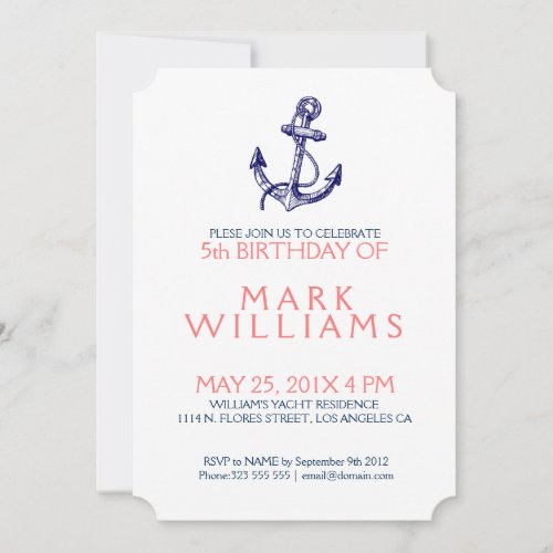 Blue Nautical Boat Anchor Birthday Party Invite