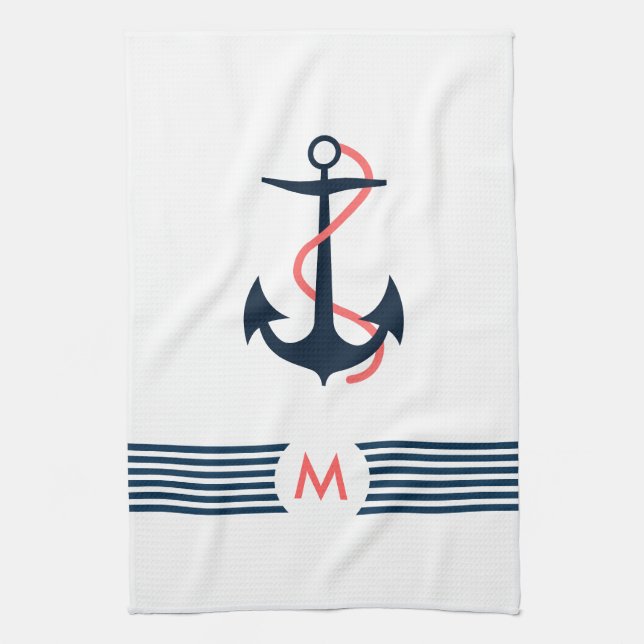 Blue Nautical Boat Anchor Decorative Blue Stripes Towel (Vertical)