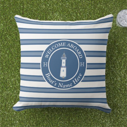 Blue Nautical Boat Name Lighthouse Welcome Aboard Outdoor Pillow