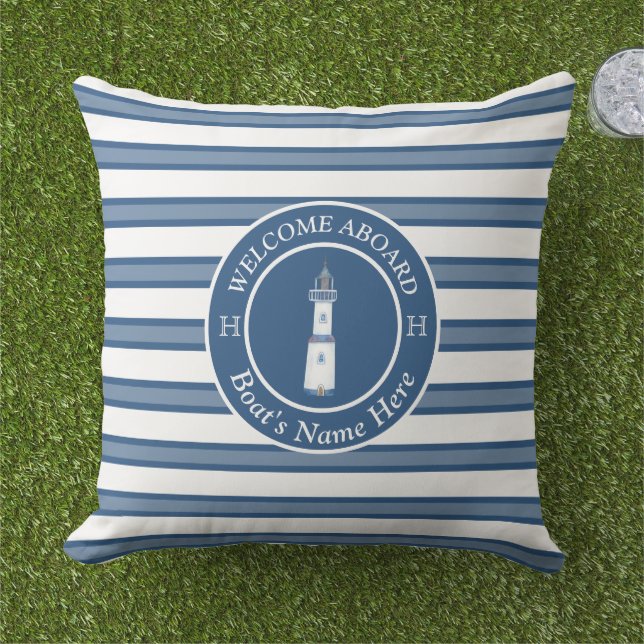 Blue Nautical Boat Name Lighthouse Welcome Aboard Outdoor Pillow (Grass)