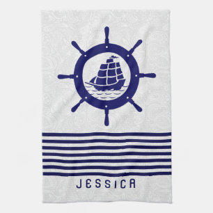 Blue Nautical Boat Wheel And Stripes Kitchen Towel