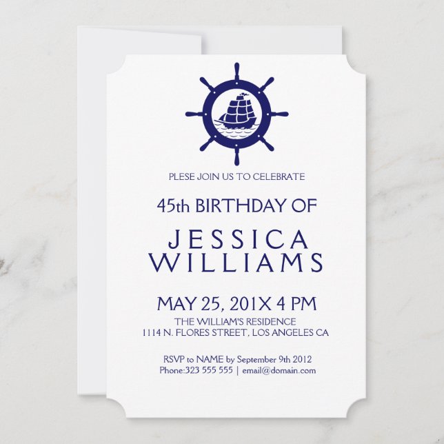 Blue Nautical Boat Wheel Birthday Party Invite (Front)