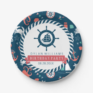 Blue Nautical Boat Wheel & Marine Life Pattern Paper Plates