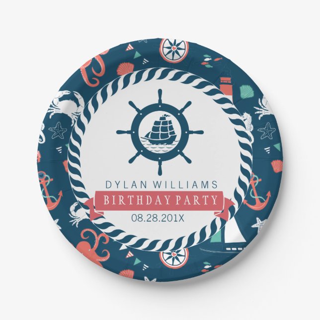 Blue Nautical Boat Wheel & Marine Life Pattern Paper Plates (Front)