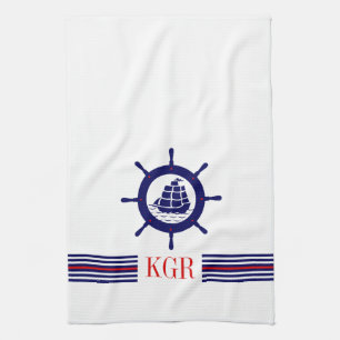 Blue Nautical Boat Wheel Monogram & Stripes Towel