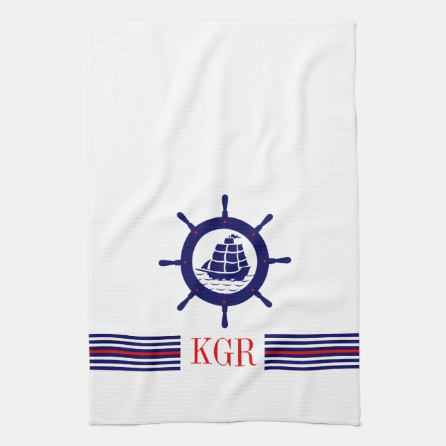 Blue Nautical Boat Wheel Monogram & Stripes Towel (Vertical)