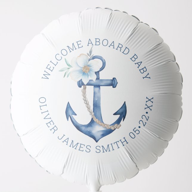 Blue Nautical Boy Baby Shower Balloon | Watercolor (Front)