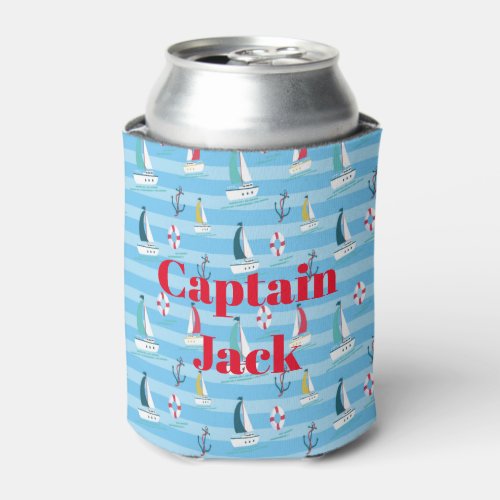 Blue Nautical Captain with Boat Name Can Cooler