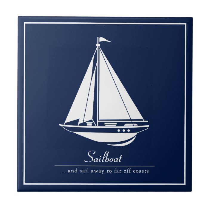 Blue Nautical Ceramic Tile, White Sailboat Ceramic Tile