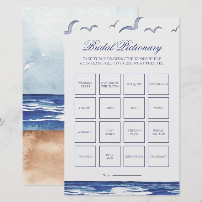 Blue Nautical Coastal Sea Bridal Pictionary Game (Front/Back)