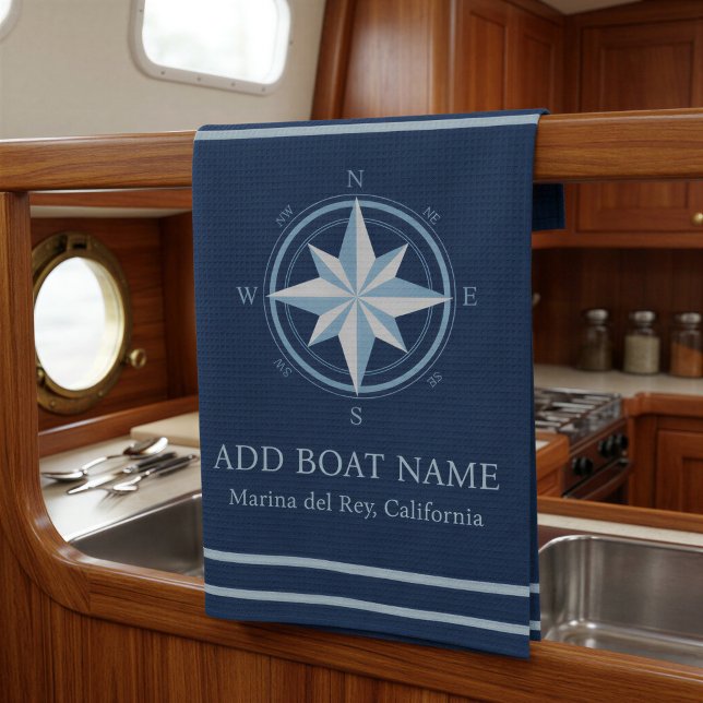 Blue Nautical Compass Custom Boat Name Kitchen Towel (Blue Nautical Compass Custom Boat Name Kitchen Towel)