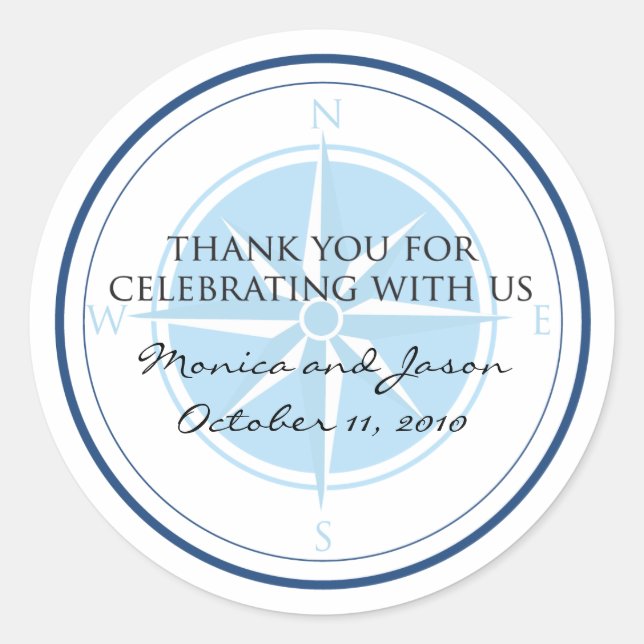 Blue Nautical Compass Rose Wedding Classic Round Sticker (Front)