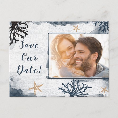 Blue Nautical Coral Watercolor Beach Save the Date Postcard