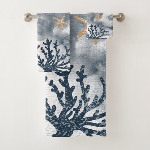 Blue Nautical Coral Watercolor Elegant Summer Bath Towel Set