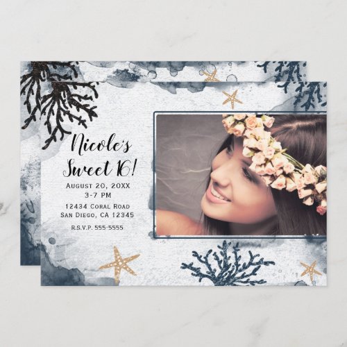 Blue Nautical Coral Watercolor Sweet 16 Photo Invitation