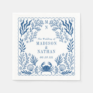 Blue Nautical Crab Shell Ocean Beach Wedding Napkins