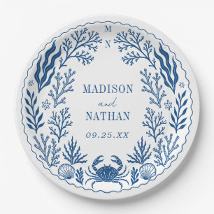 Blue Nautical Crab Shell Ocean Beach Wedding Paper Plates