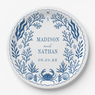 Blue Nautical Crab Shell Ocean Beach Wedding Paper Plates