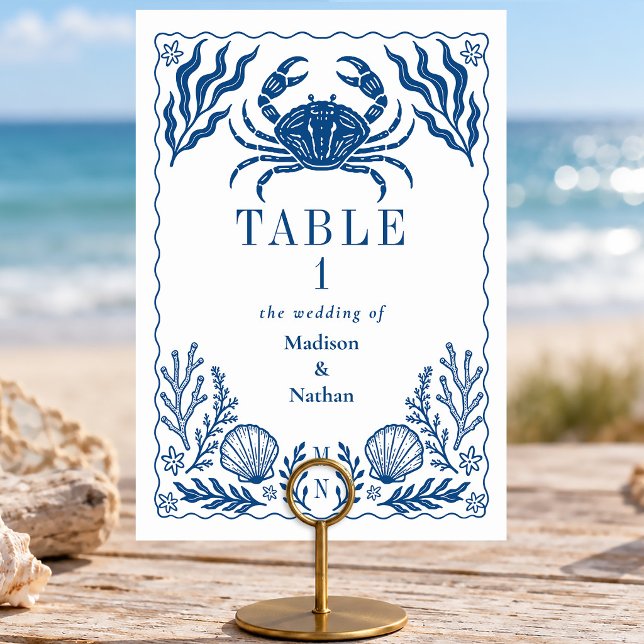 Blue Nautical Crab Shell Ocean Beach Wedding Table Number (Creator Uploaded)