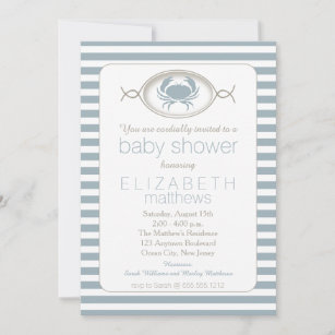 Blue Nautical Crab Striped Baby Shower Invitation