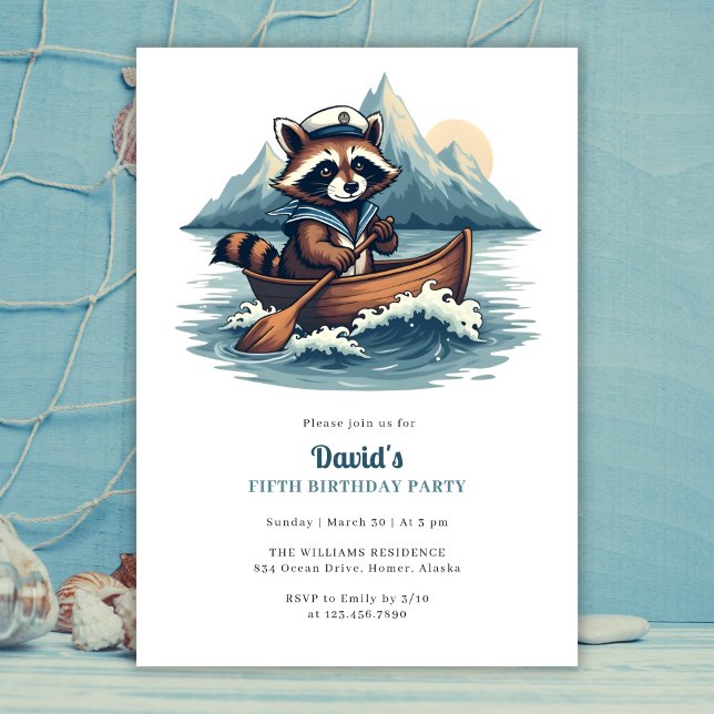 Blue Nautical Cute Fishing Raccoon Birthday Party Invitation (Blue Nautical Cute Fishing Raccoon Birthday Party Invitation)