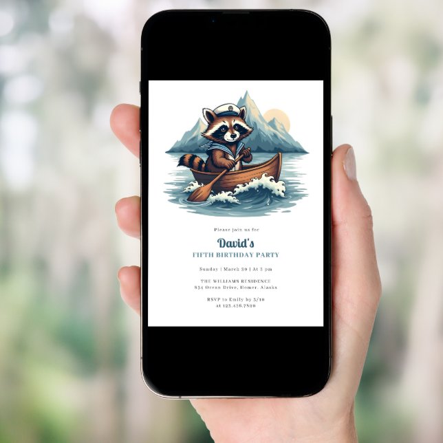 Blue Nautical Cute Fishing Raccoon Birthday Party Invitation (Front Digital)