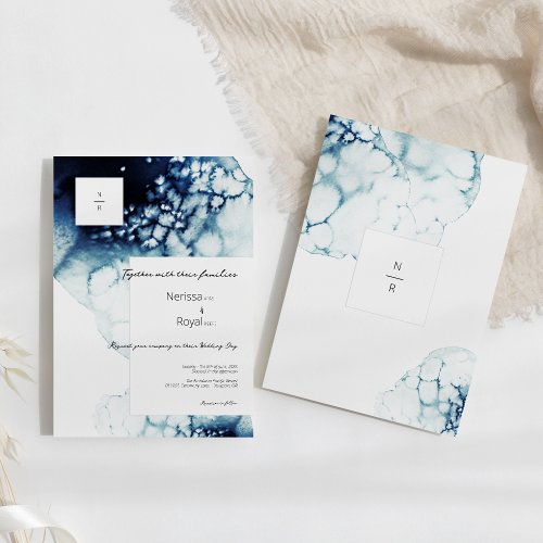 Blue Nautical Destination Wedding Monogram Invitation