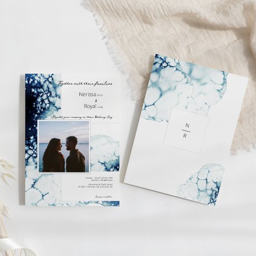 Blue Nautical Destination Wedding Monogram Photo Invitation
