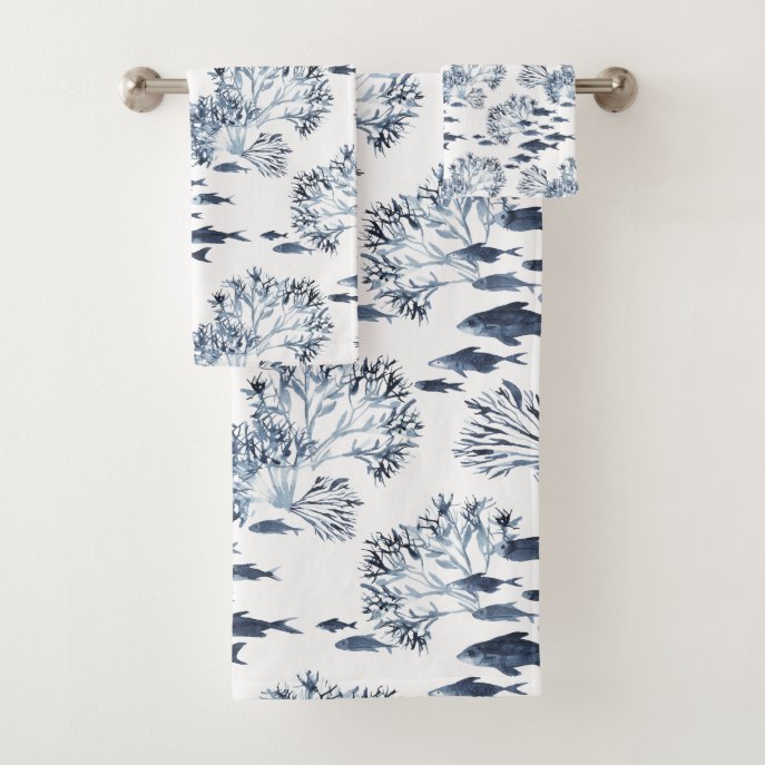 Blue Nautical Fish and Coral Pattern Bath Towel Set