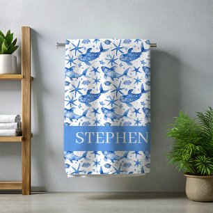 Blue Nautical Fish Starfish Personalized Beach Towel