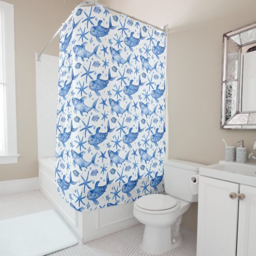 Blue Nautical Fish Starfish Shower Curtain