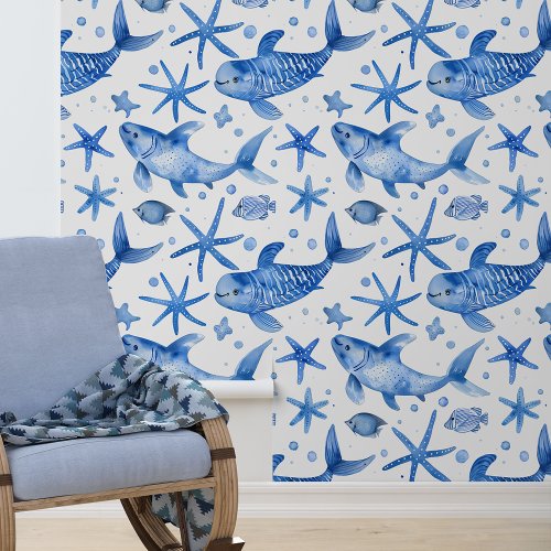 Blue Nautical Fish Starfish Wallpaper