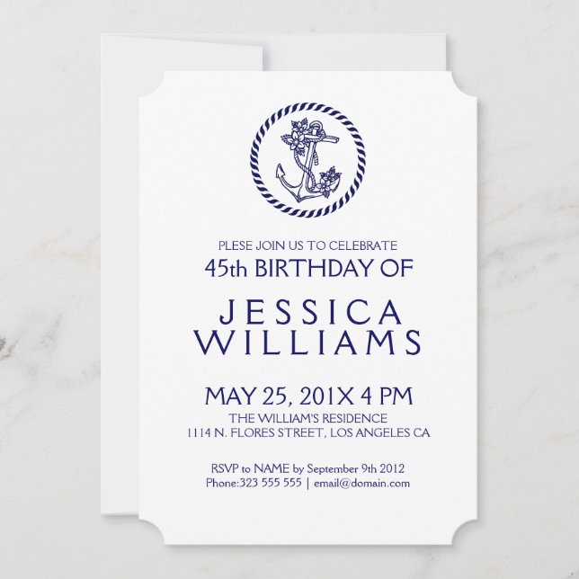 Blue Nautical Floral Anchor Birthday Party Invite (Front)