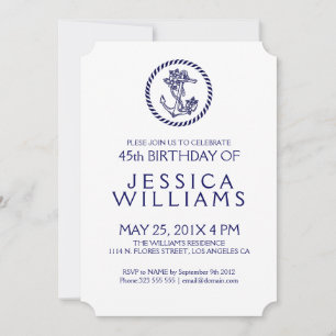 Blue Nautical Floral Anchor Birthday Party Invite
