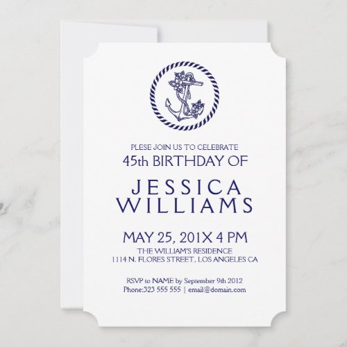 Blue Nautical Floral Anchor Birthday Party Invite