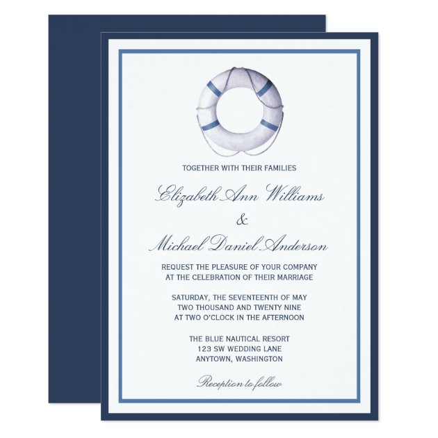 Blue Nautical Life Ring Wedding Invitations