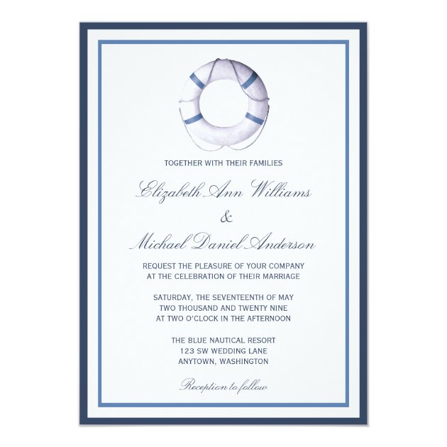 Blue Nautical Life Ring Wedding Invitations