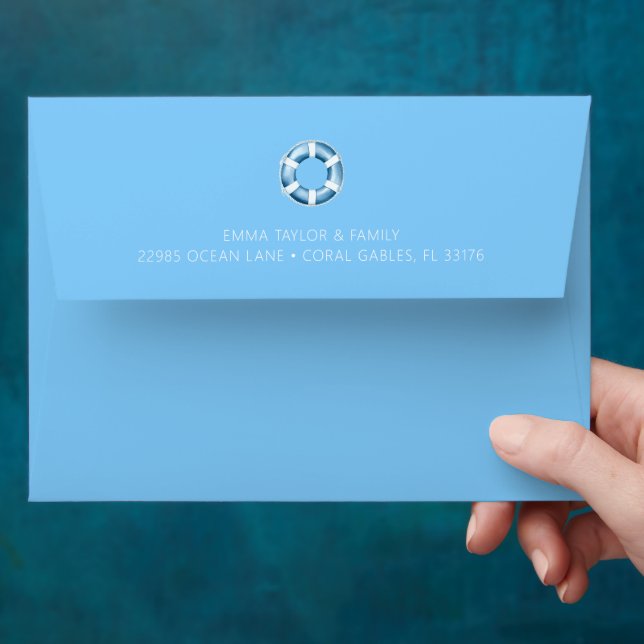 Blue Nautical Lifesaver Return Address Baby Shower Envelope (Hand)