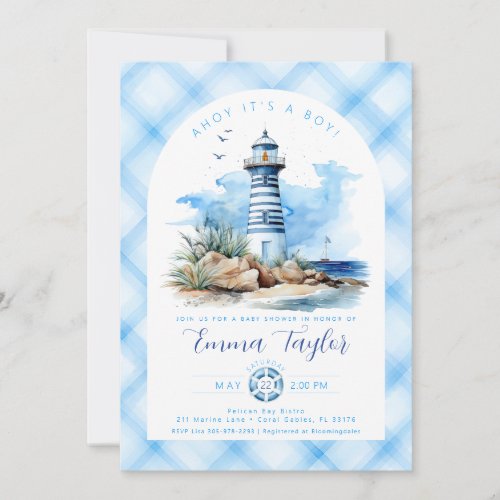 Blue Nautical Lighthouse Baby Shower Invitation