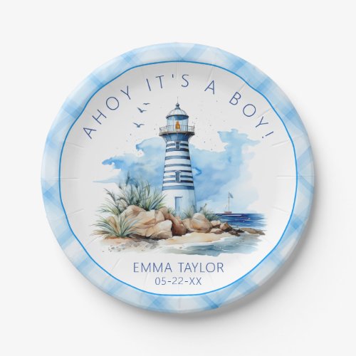 Blue Nautical Lighthouse Baby Shower Paper Plates