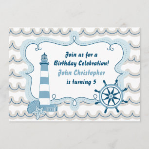 Blue Nautical Lighthouse Boys Birthday Invitation