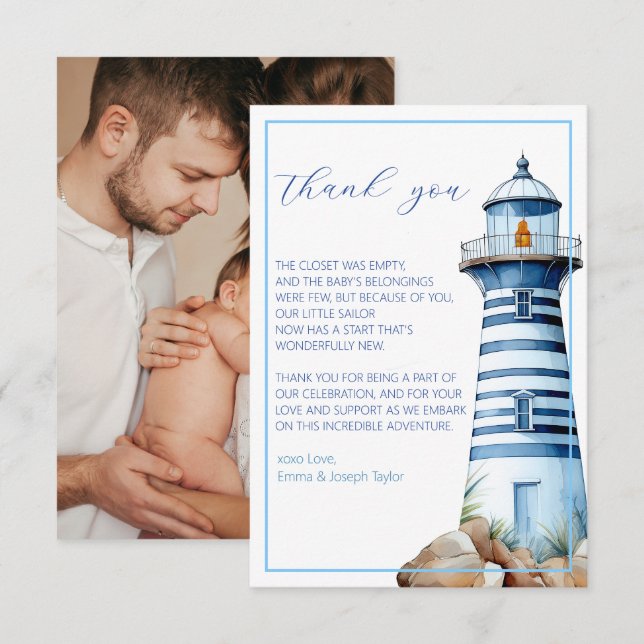 Blue Nautical Lighthouse Shower Photo Thank You Card (Front/Back)