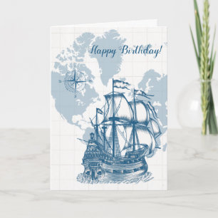 Blue Nautical Map Birthday Card