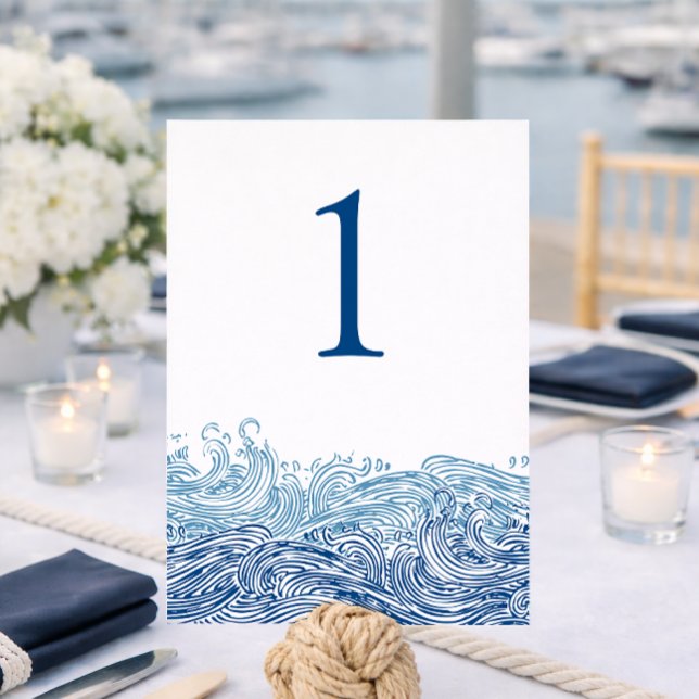 Blue Nautical Ocean Waves Wedding Table Number (Blue Ocean Waves Wedding Table Number for a Yacht Club Wedding by Concertina Press)
