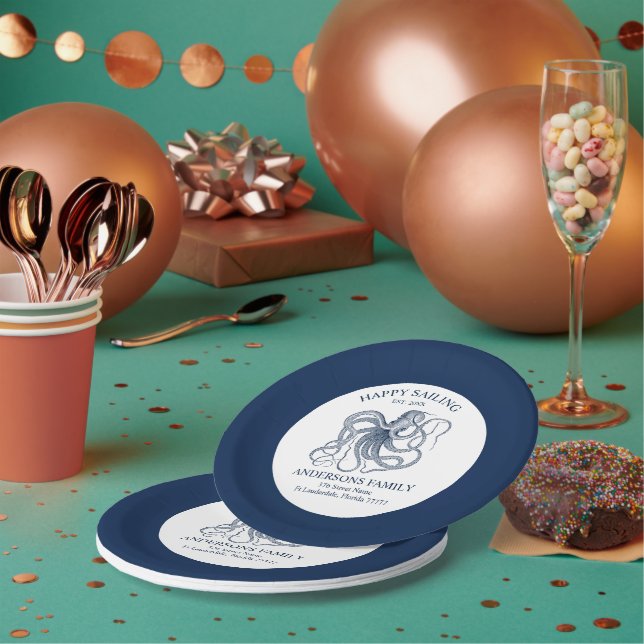 Blue nautical octopus illustration paper plates (Multi)