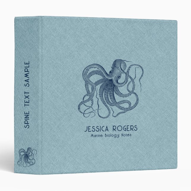 Blue Nautical Octopus On Pale Blue Linen 3 Ring Binder (Front/Spine)