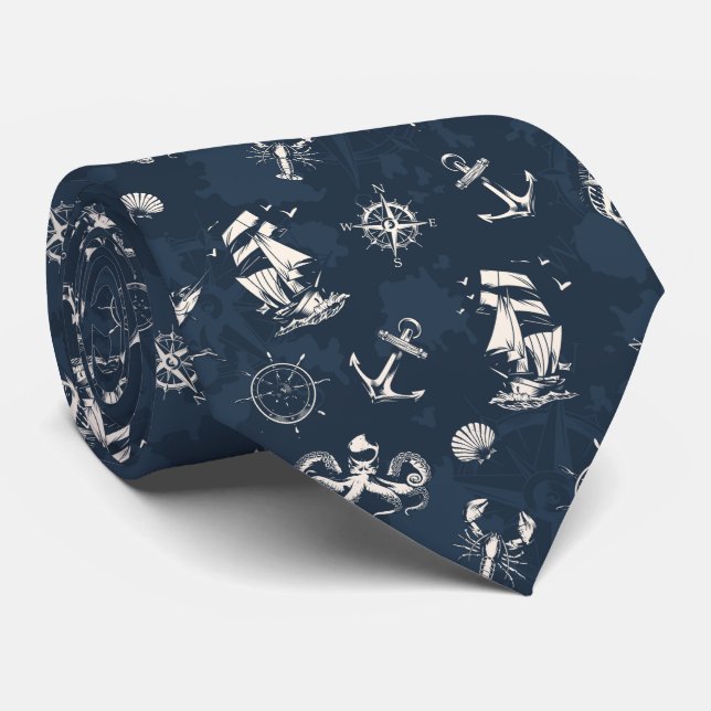 Blue Nautical Pattern Neck Tie (Rolled)